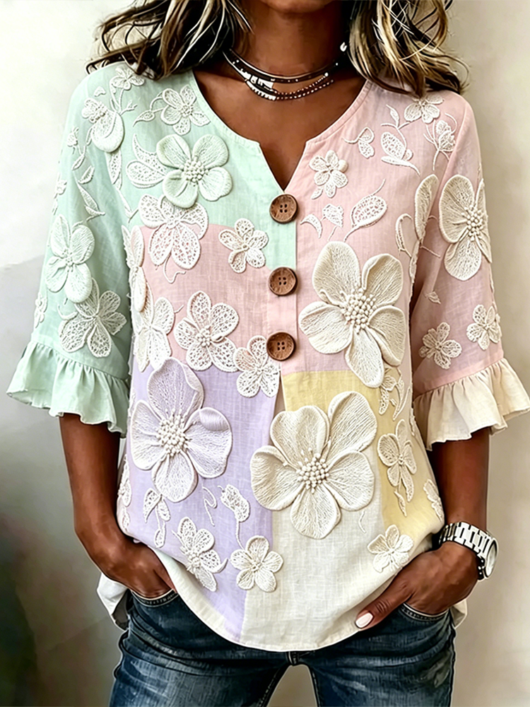 Colorful Color Design Flower Pattern Casual Linen Top