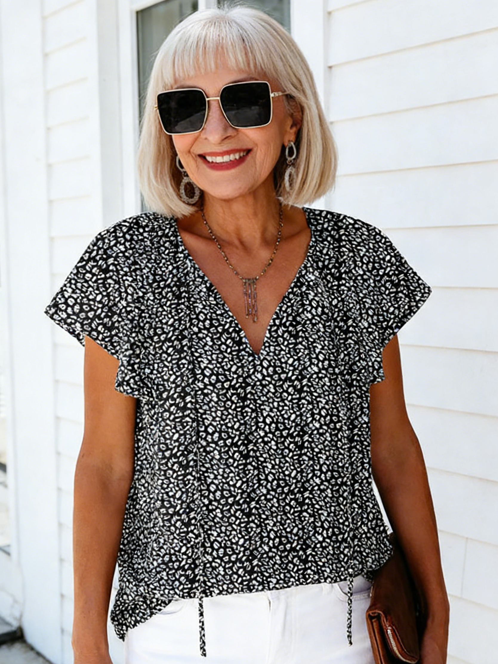 Vibrant Floral Short Sleeve Ruffle Tops - Loose Fit, V Neck, Casual, Boho Chic, Summer & Fall Essential - Womens Blouses for Everyday Wear