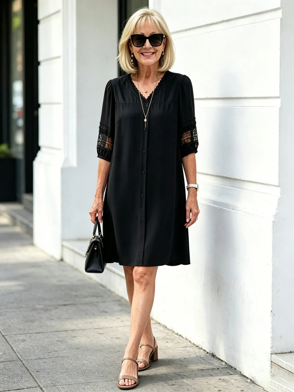 Navy Blue Lace Spliced Midi Dress, V Neck 3/4 Sleeve Loose Tummy Concealing Slimming Casual Dress for Mature Women