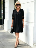Navy Blue Lace Spliced Midi Dress, V Neck 3/4 Sleeve Loose Tummy Concealing Slimming Casual Dress for Mature Women