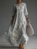 Japanese Floral Art Embroidered Casual Linen Maxi Dress
