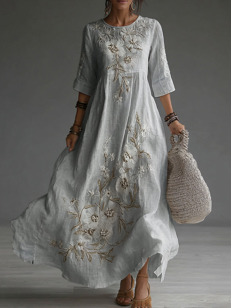 Japanese Floral Art Embroidered Casual Linen Maxi Dress