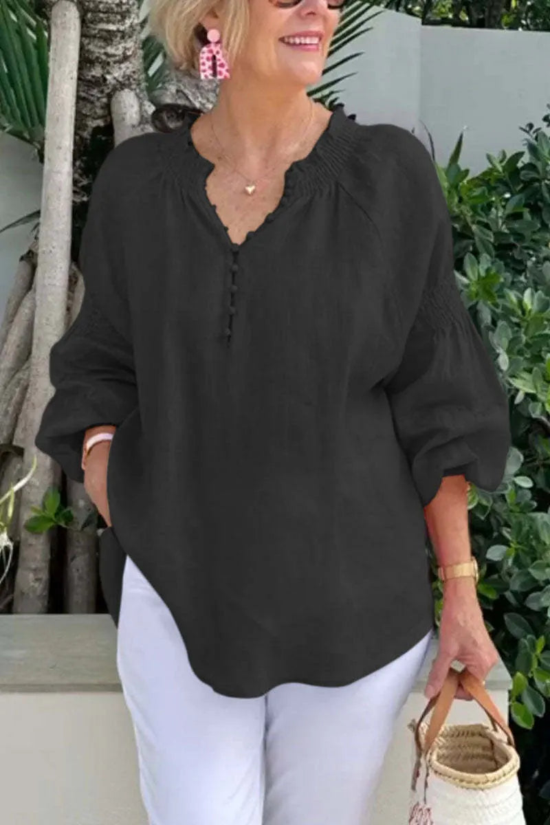 Casual V-neck Solid Color Cotton and Linen Long-sleeved Top
