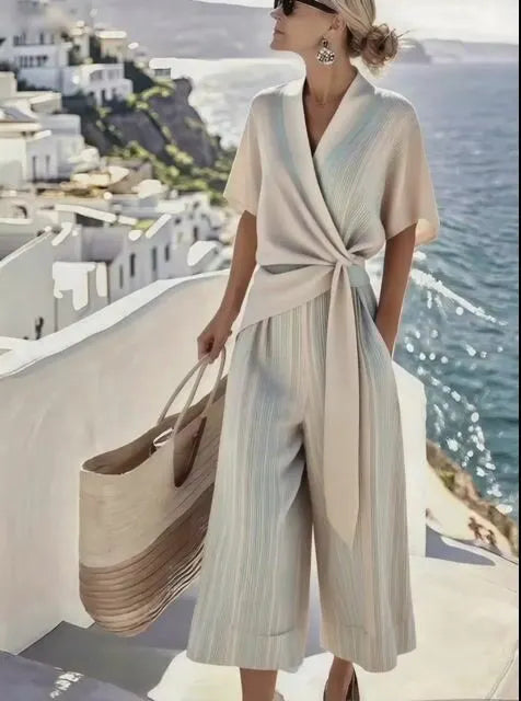 Women's Summer Cotton&Linen Cross Pleated Lace-Up Suit