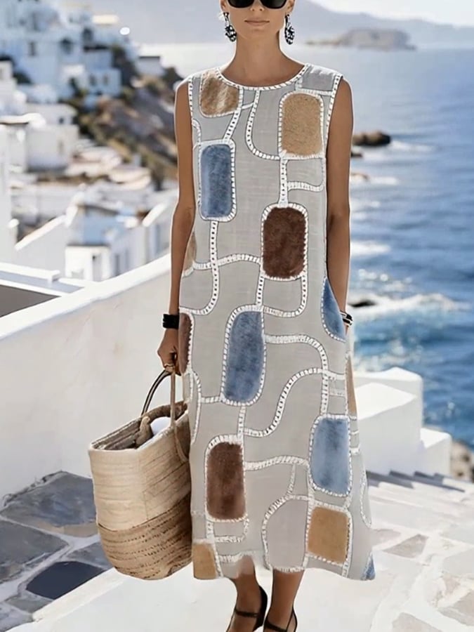 Women'S Round Neck Sleeveless Color-Block Printed Dress