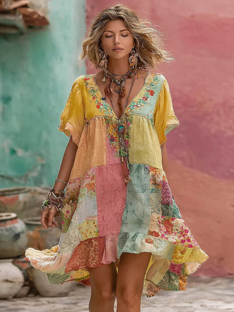 Women's Bohemian Floral Embroidery Patchwork Art V-neck Linen Blend Midi Dress