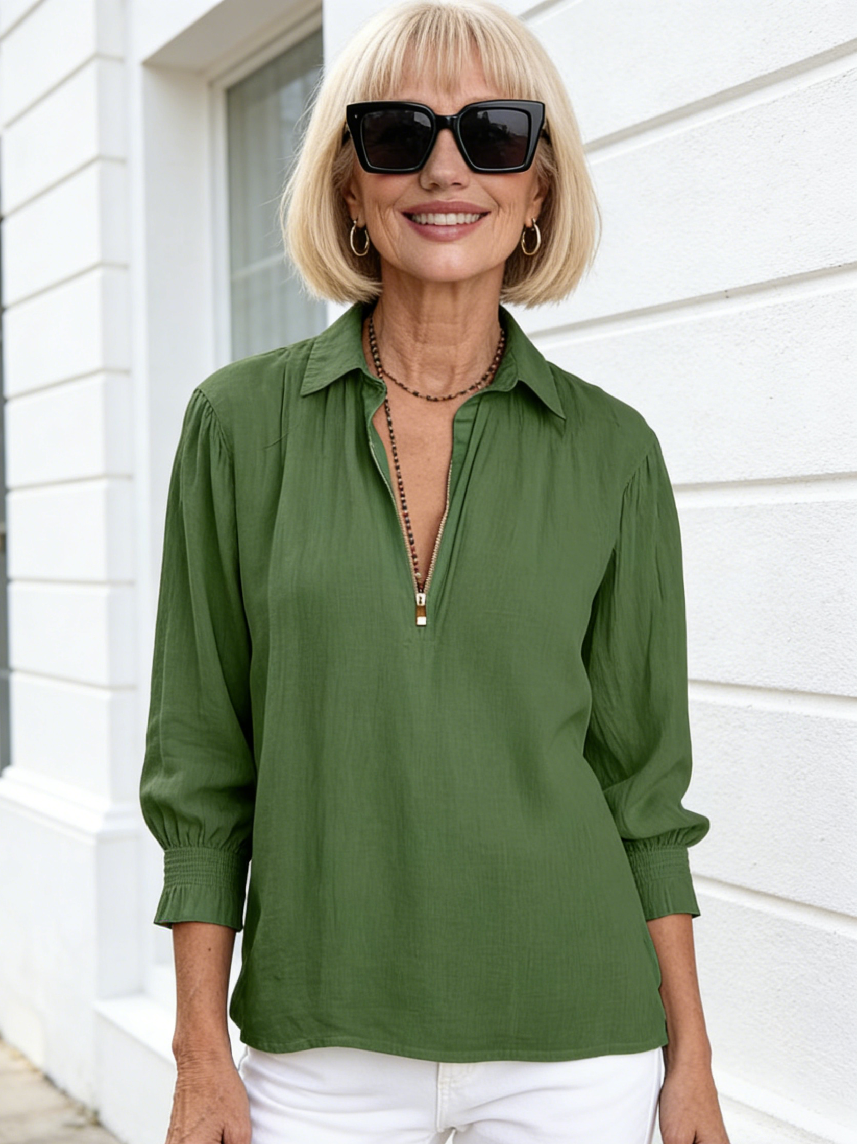 Shirt Collar Pullover Solid Cotton Linen Zipper Loose Women's Shirt