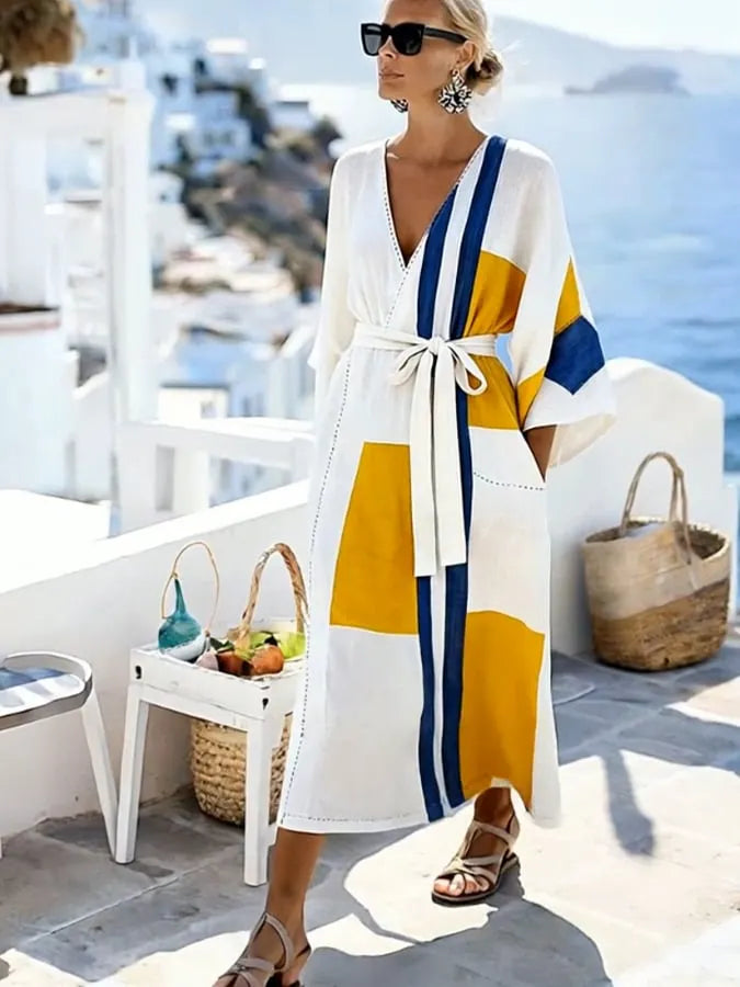 Women'S Casual Color-Block Cotton And Linen Dress