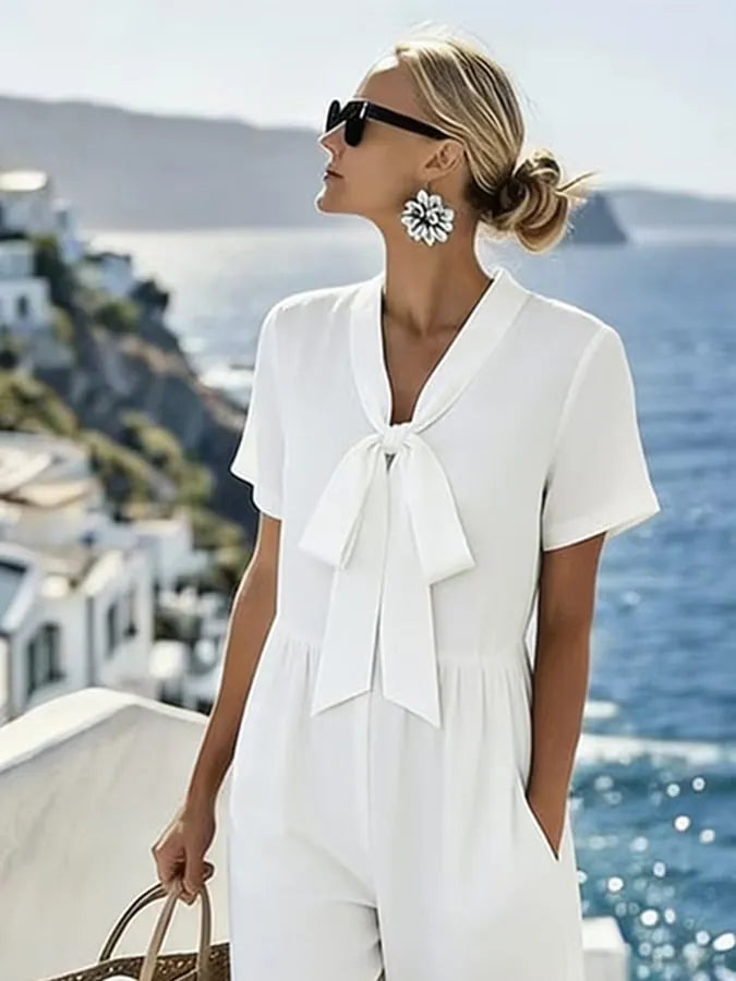 Women's Solid Color V-Neck Casual Loose Jumpsuit