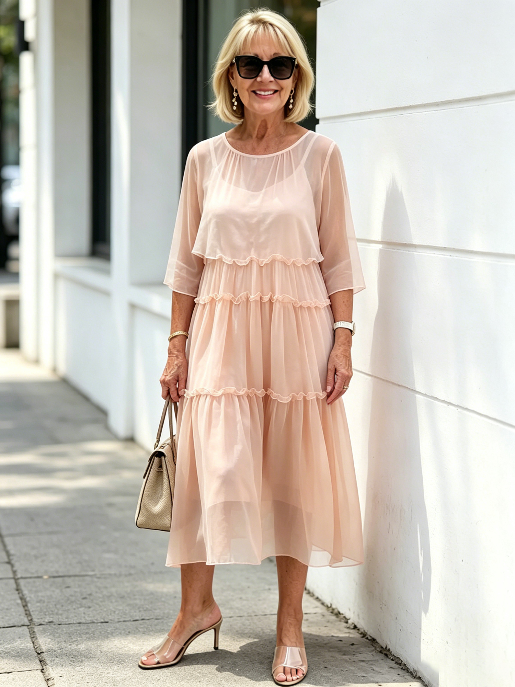 Light Blue Tiered Ruffle Chiffon Midi Dress, Round Neck Flutter Short Sleeve Loose Plus Size Elegant Women Dress