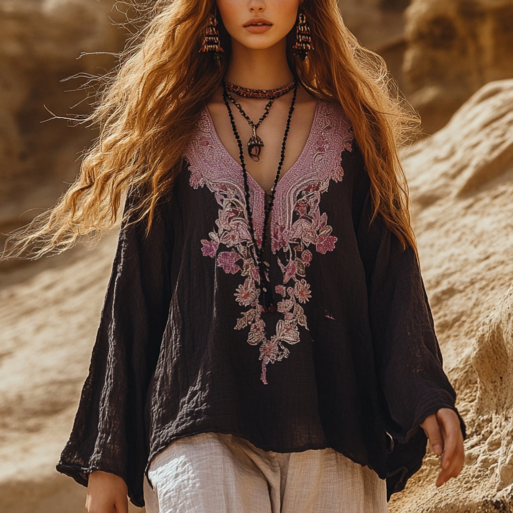 Desert Style Holiday Bohemian Vintage Linen Casual Top