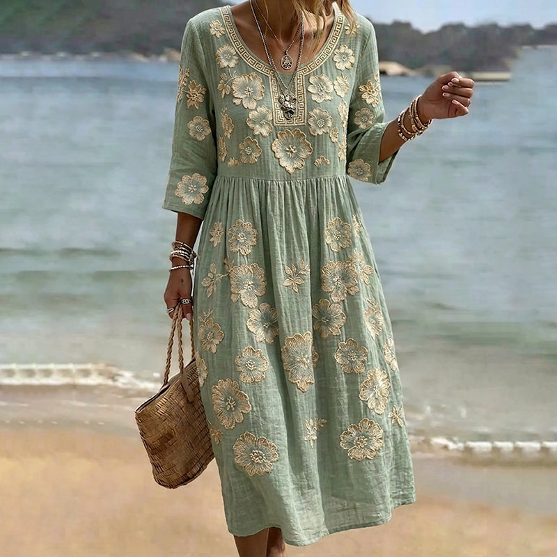 Women's Retro Flower Pattern Crew Neck Linen Blend Midi Dress