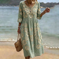 Women's Retro Flower Pattern Crew Neck Linen Blend Midi Dress