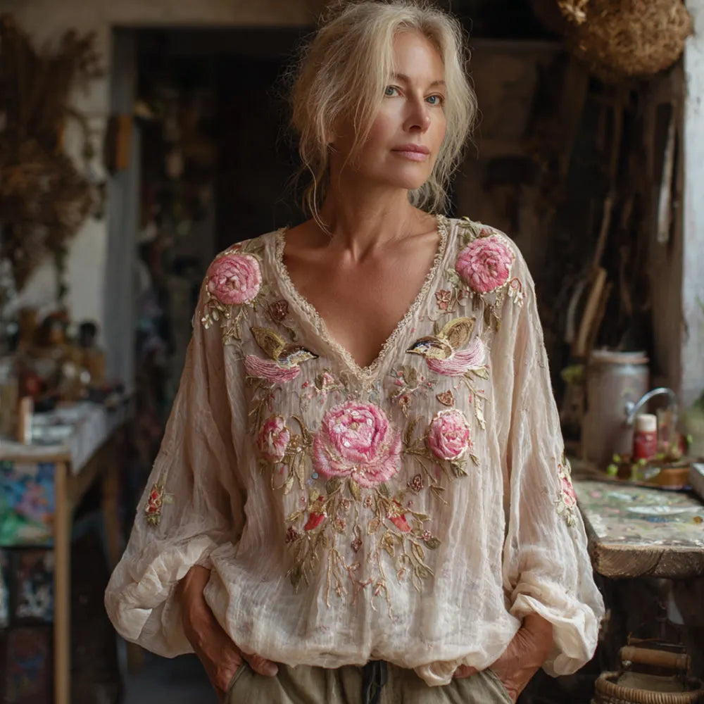 Women's Bohemian Pink Rose Embroidered Linen V-neck Long Sleeve Top