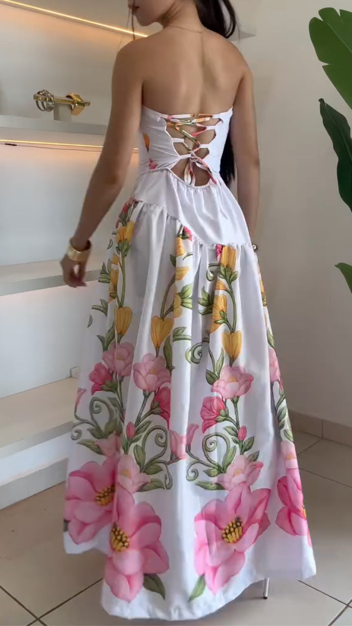 White Floral Print Strapless Maxi Dress