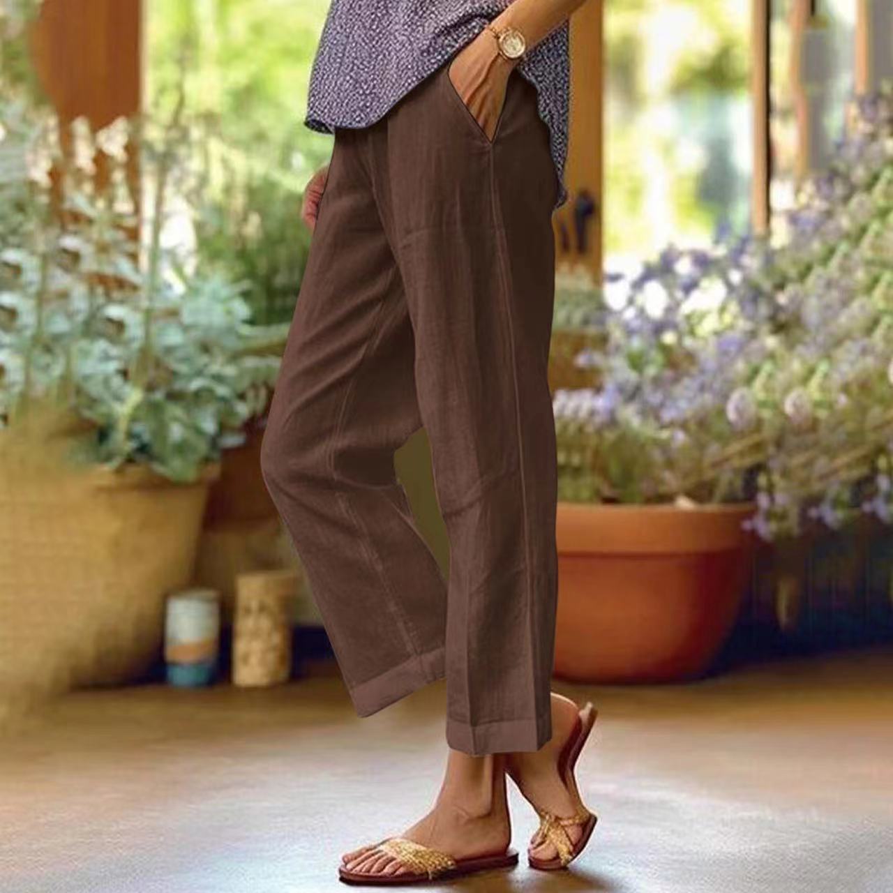 Cotton and Linen Loose Solid Color Elastic Waist Pocket Straight Casual Pants