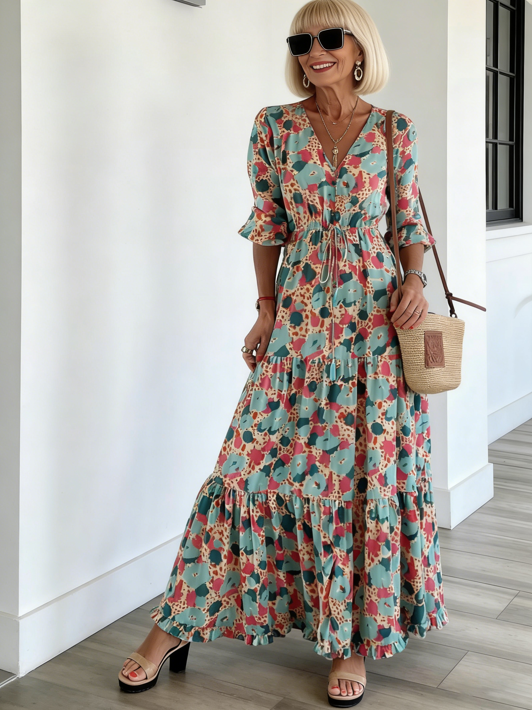 Women Floral Boho Dress Casual Long Sleeve High Elastic Waist Ruffle A-Line Flowy Maxi Dresses