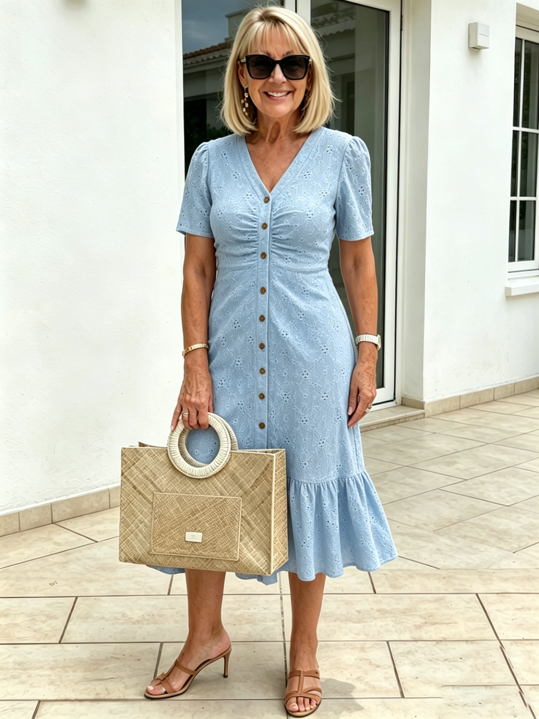 Textured Fabric Hollow Fabric Fashion Dress Short Sleeve Solid Color