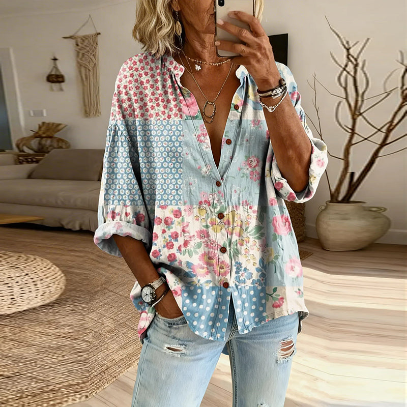 Women's Vintage Floral Patchwork Long-sleeve Button-up Shirt