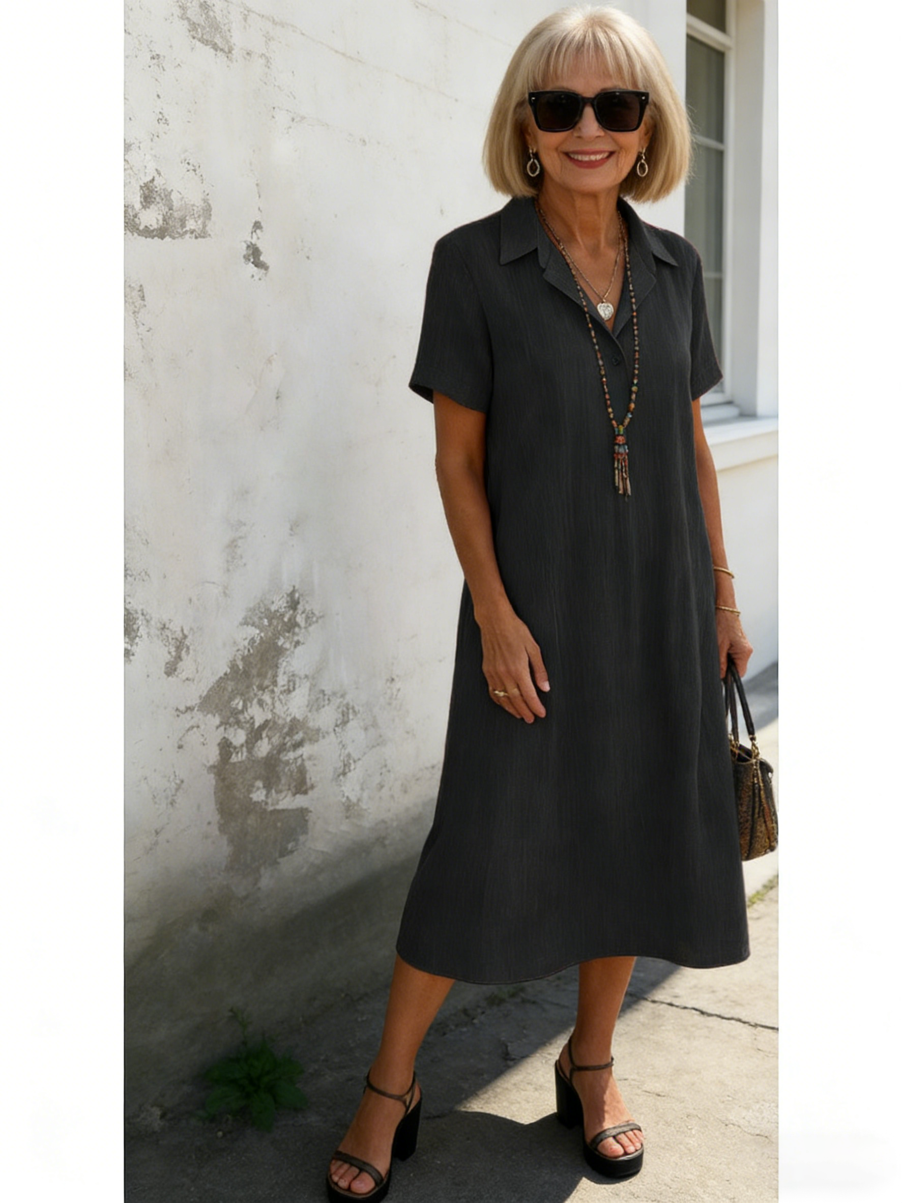 Loose Short-sleeved V-neck Solid Color Cotton and Linen Shirt Dress