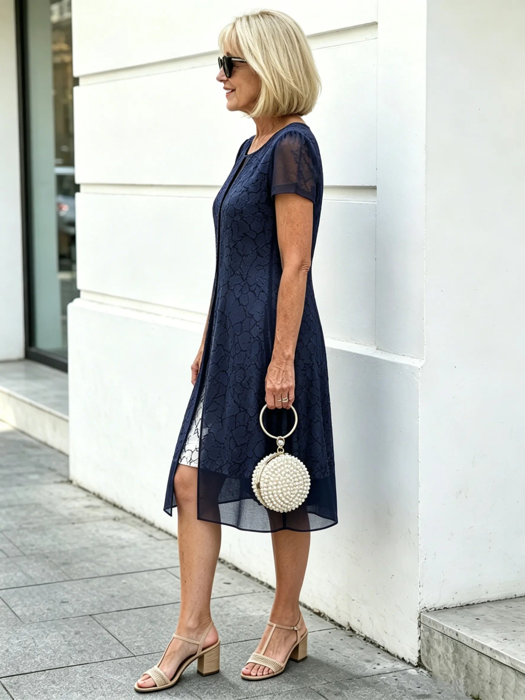 Navy Blue Printed Mesh Layered Midi Dress, Round Neck Short Sleeve Straight A-Line Tummy Concealing Dress for Mature Women