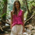 Simple V-neck Sleeveless Shirt, Comfortable And Breathable Lapel Linen Top