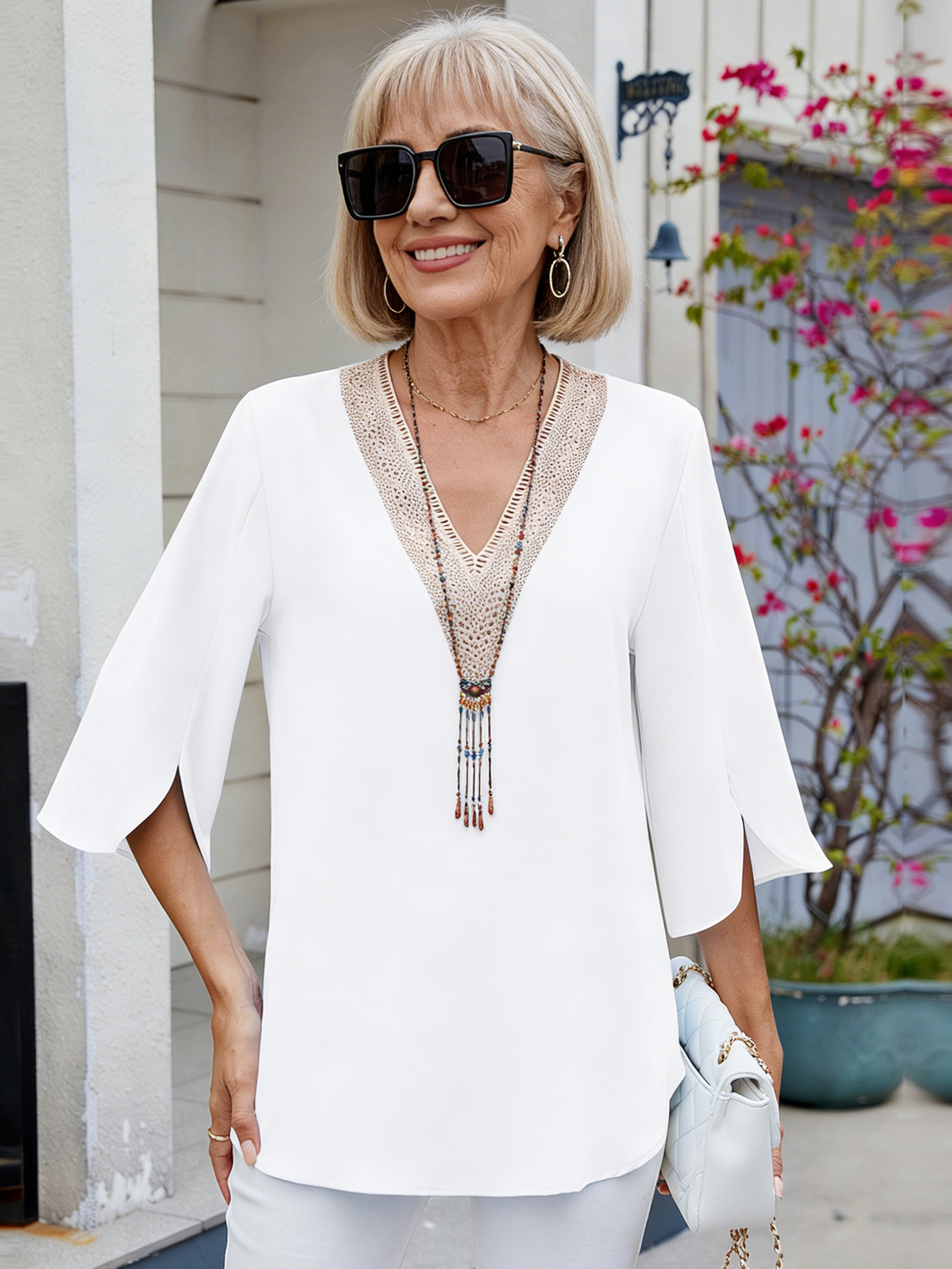 Solid Color V-neck Medium-sleeved Loose Chiffon Shirt Women's Top
