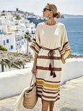 Women'S Casual Color-Block Striped Dress With Tassel Belt
