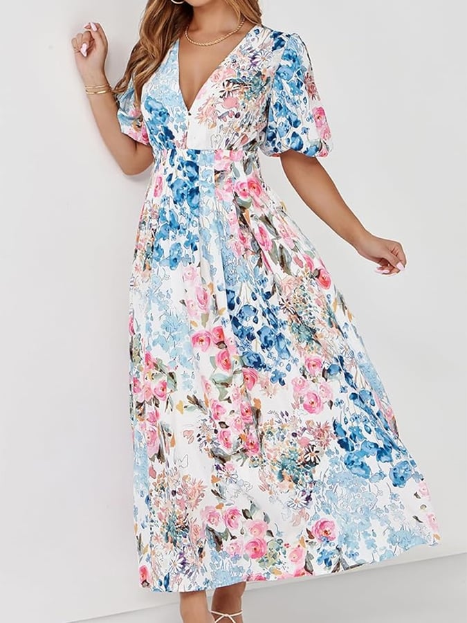 Women's Casual V-neck Printed Resort Dress
