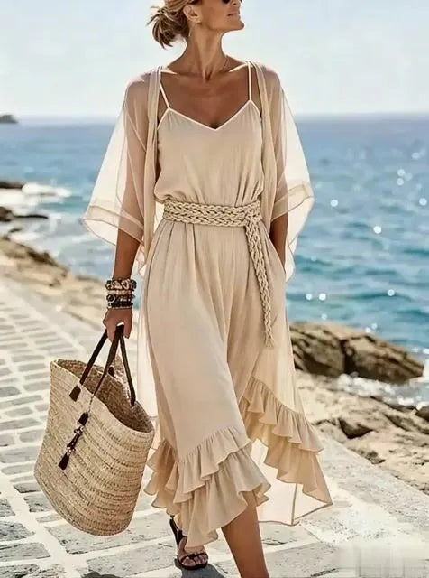 Women'S Casual Shawl And Dress Two-Piece Set