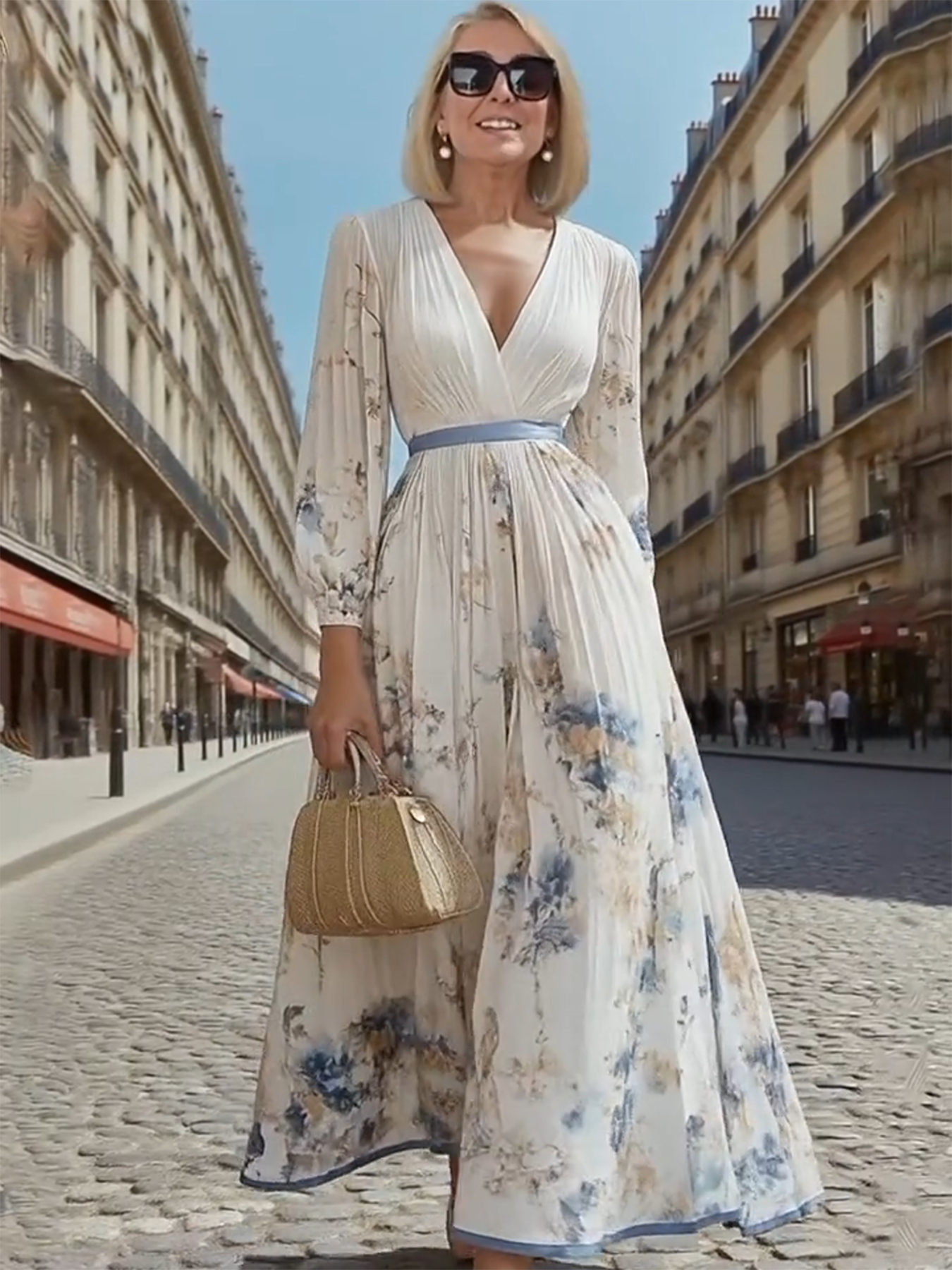Gala Dress Digital Print V-neck Long Sleeves Pleats, Dress Long Dress