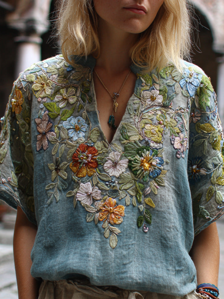 Bohemian Blue Melancholy Embroidery Vintage V-neck Short-sleeved Shirt