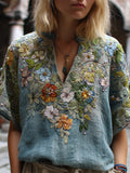 Bohemian Blue Melancholy Embroidery Vintage V-neck Short-sleeved Shirt