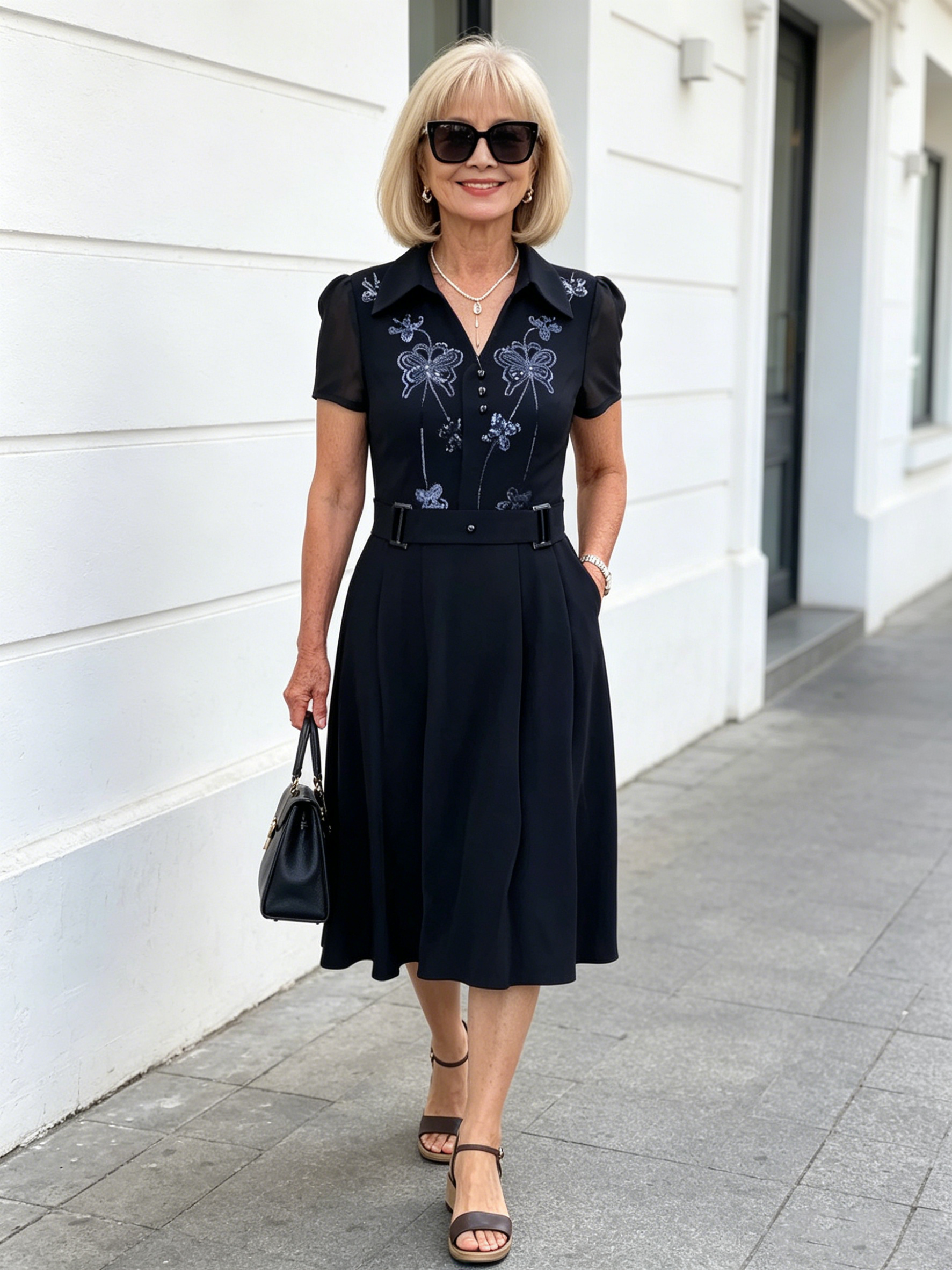Brown Collared Sequin Embellished A-Line Midi Dress, Belted Waist Short Sleeve Elegant Dress for Mature Plus Size Women