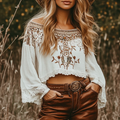 Women's Boat Neck West Cowboy Bohemian Elegance Ethnic Patterns Lace Crop Top