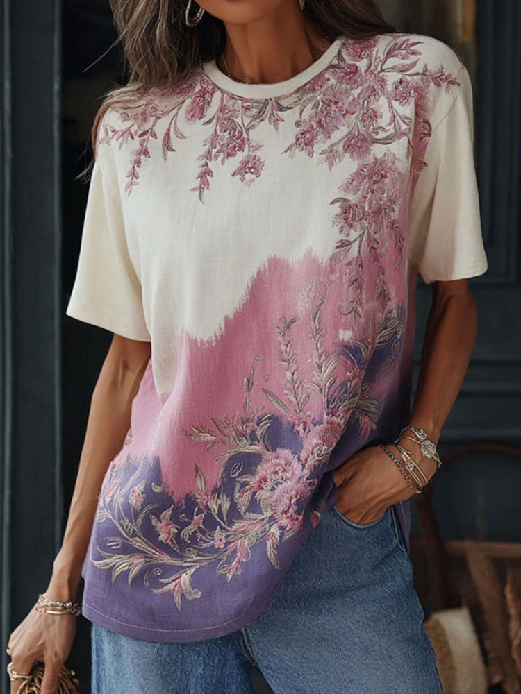 Women's Floral Art Print Color Block Casual T-shirt