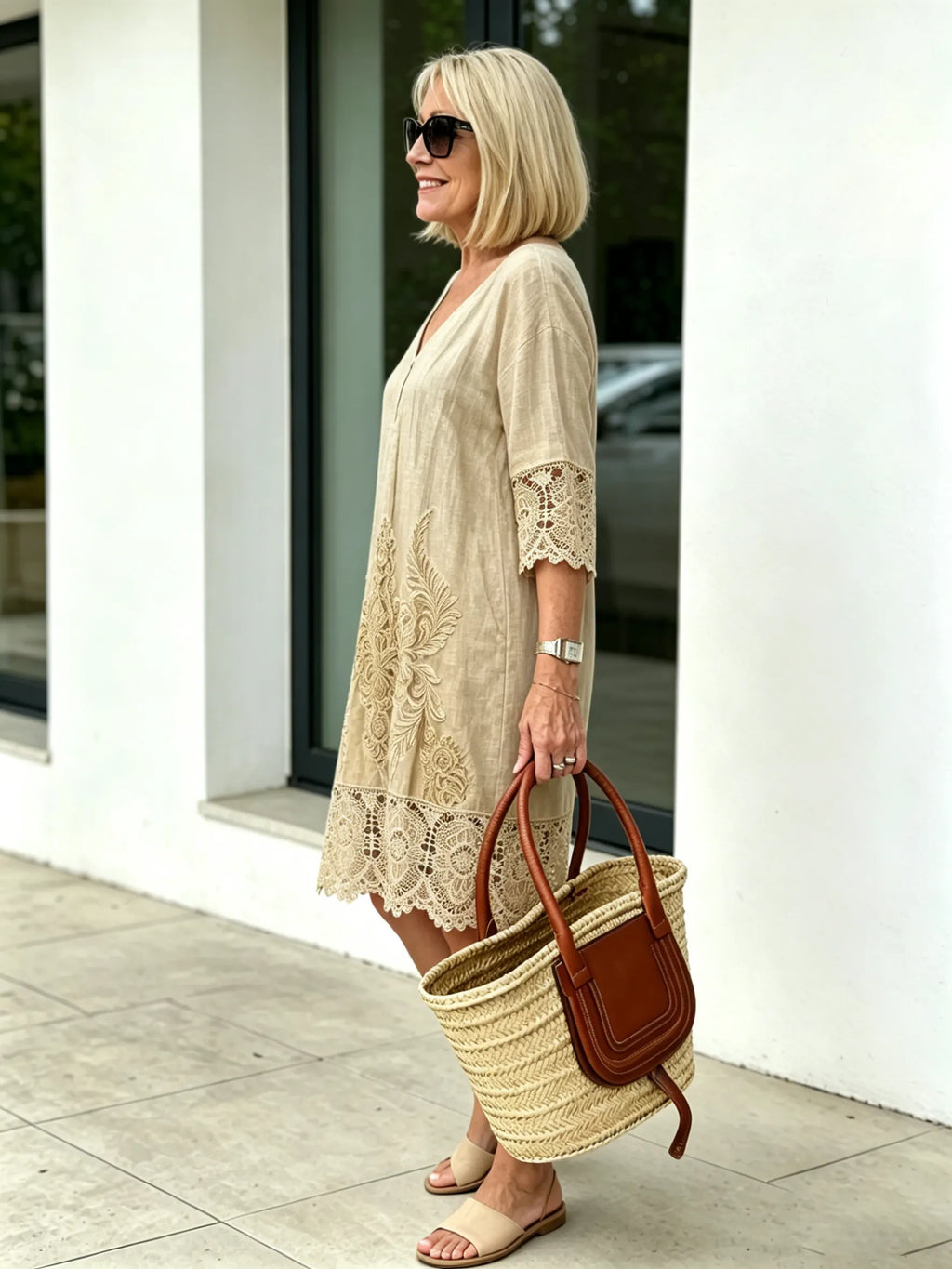 V-neck A-shaped Skirt Solid Color Lace Dress  Five-quarter Sleeve