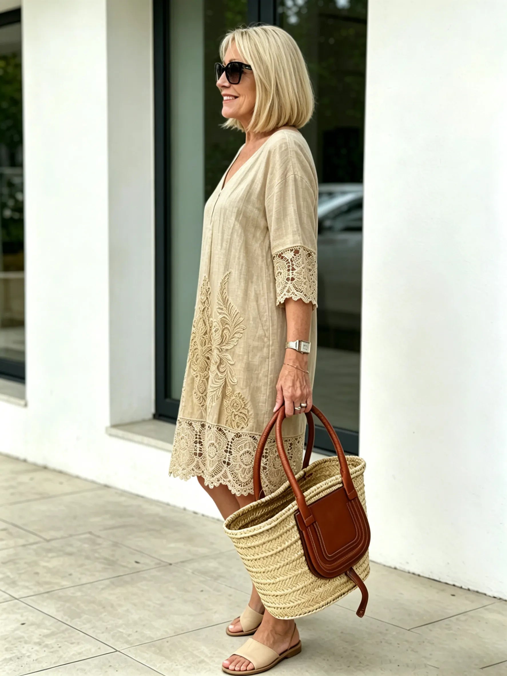 V-neck A-shaped Skirt Solid Color Lace Dress  Five-quarter Sleeve