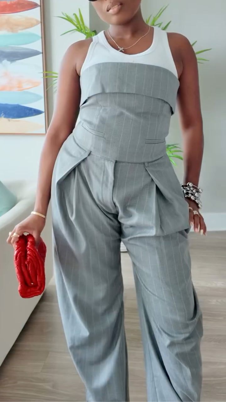 Pinstripe Tube Top & Wide Leg Pants Two Piece Set
