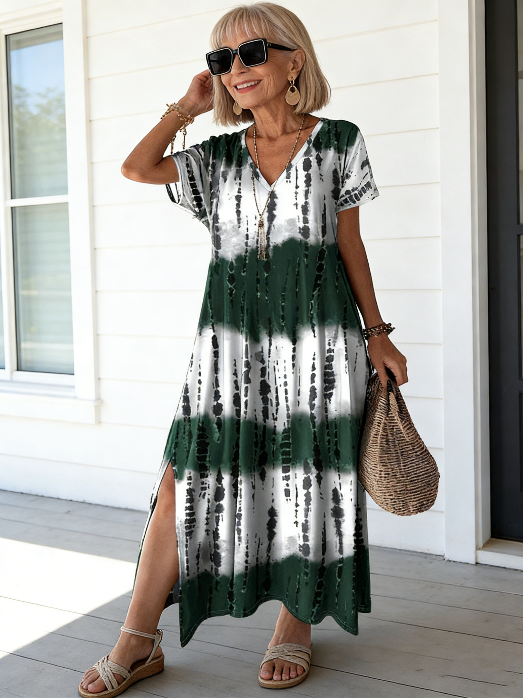 Tie Dye V-neck Dress, Elegant Split Short Sleeve Dress For Spring & Summer, Women's Clothing