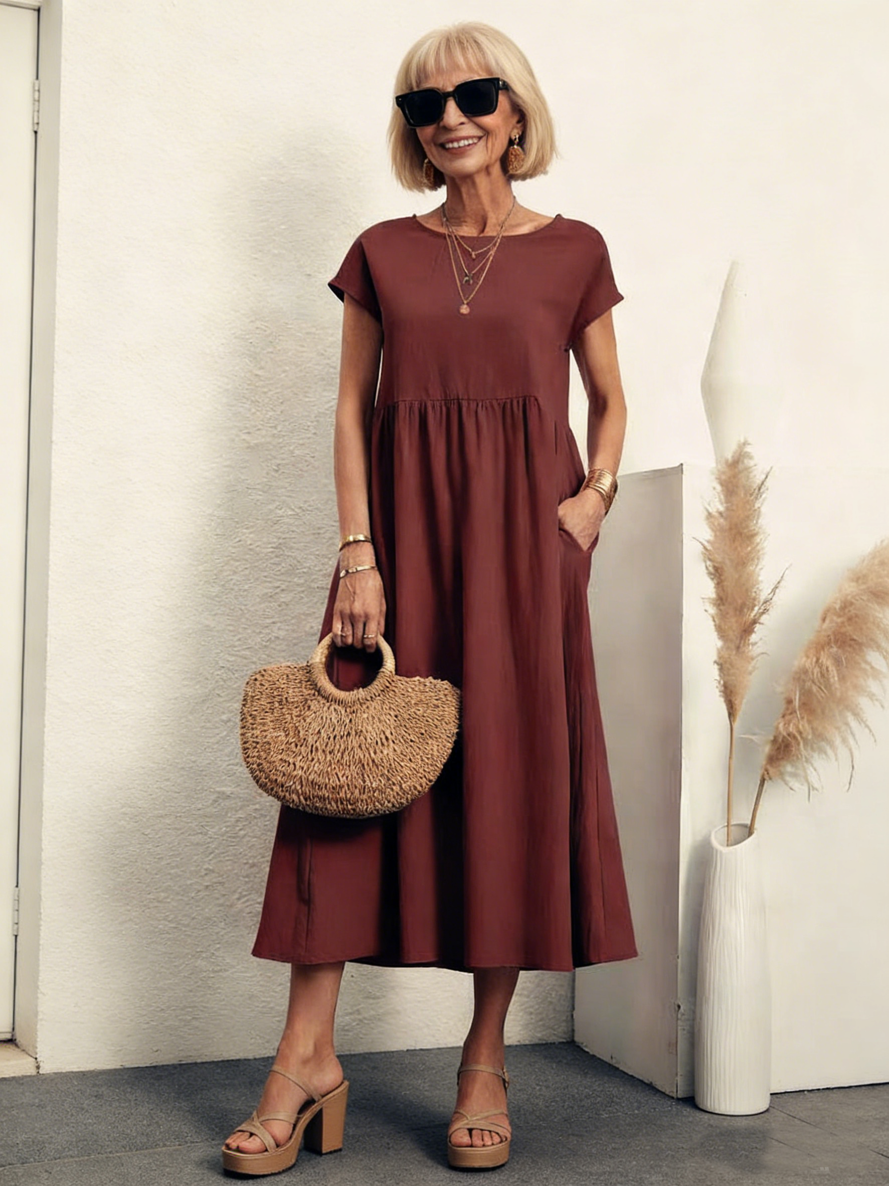 Solid Color Sleeveless Loose Cotton and Linen Pockets, Dress