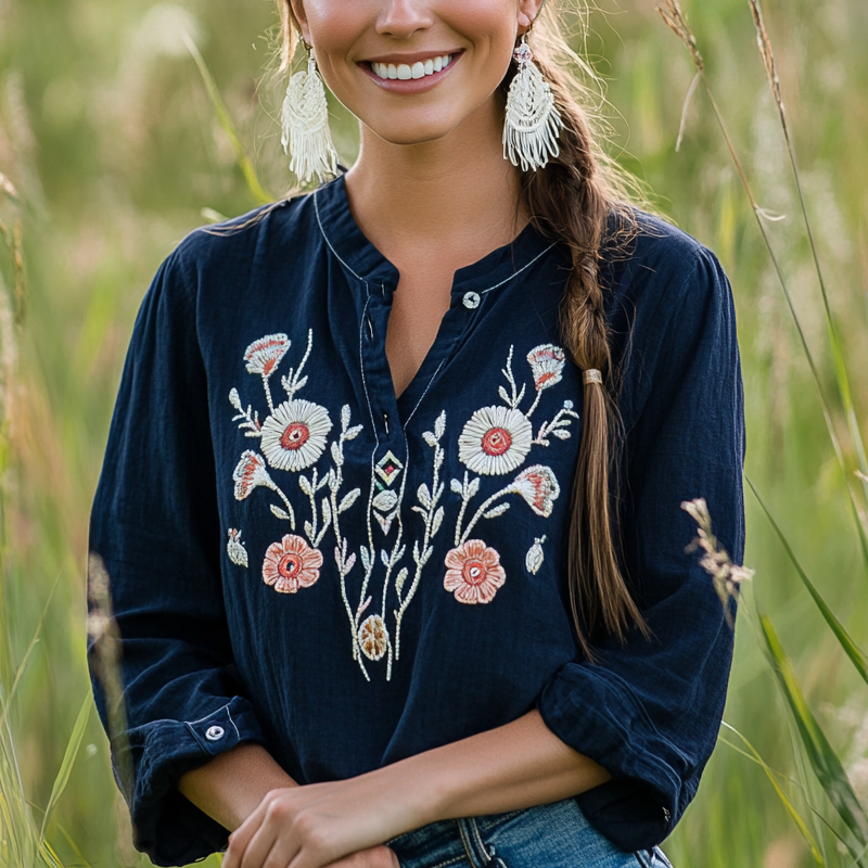 Women's Mexican Bohemian Floral Embroidered Navy Blue Blouse