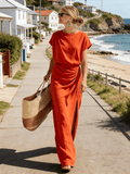 Women's Round Neck, Casual, Loose-Fitting, Pleated Short-Sleeved Dress