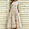 Women's Floral Rose Art Embroidered Linen Blend Striped Round Neck Dress