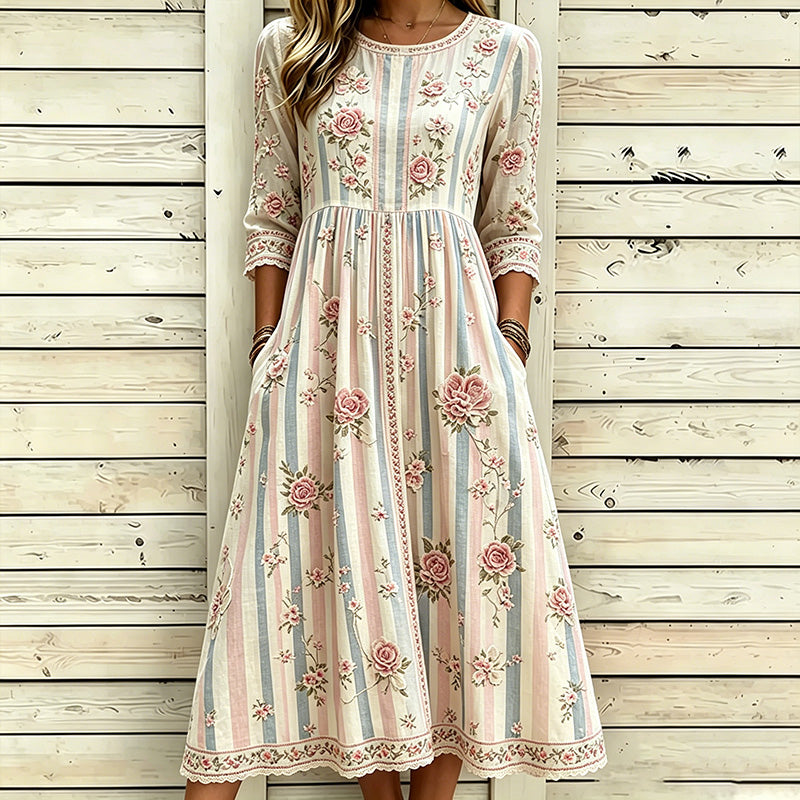 Women's Floral Rose Art Embroidered Linen Blend Striped Round Neck Dress