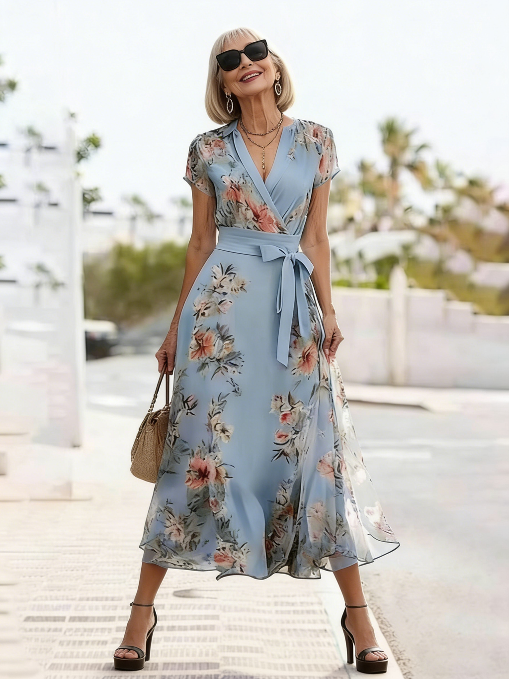 Chiffon Short-sleeved V-neck Digital Printing Thin Waist Dress