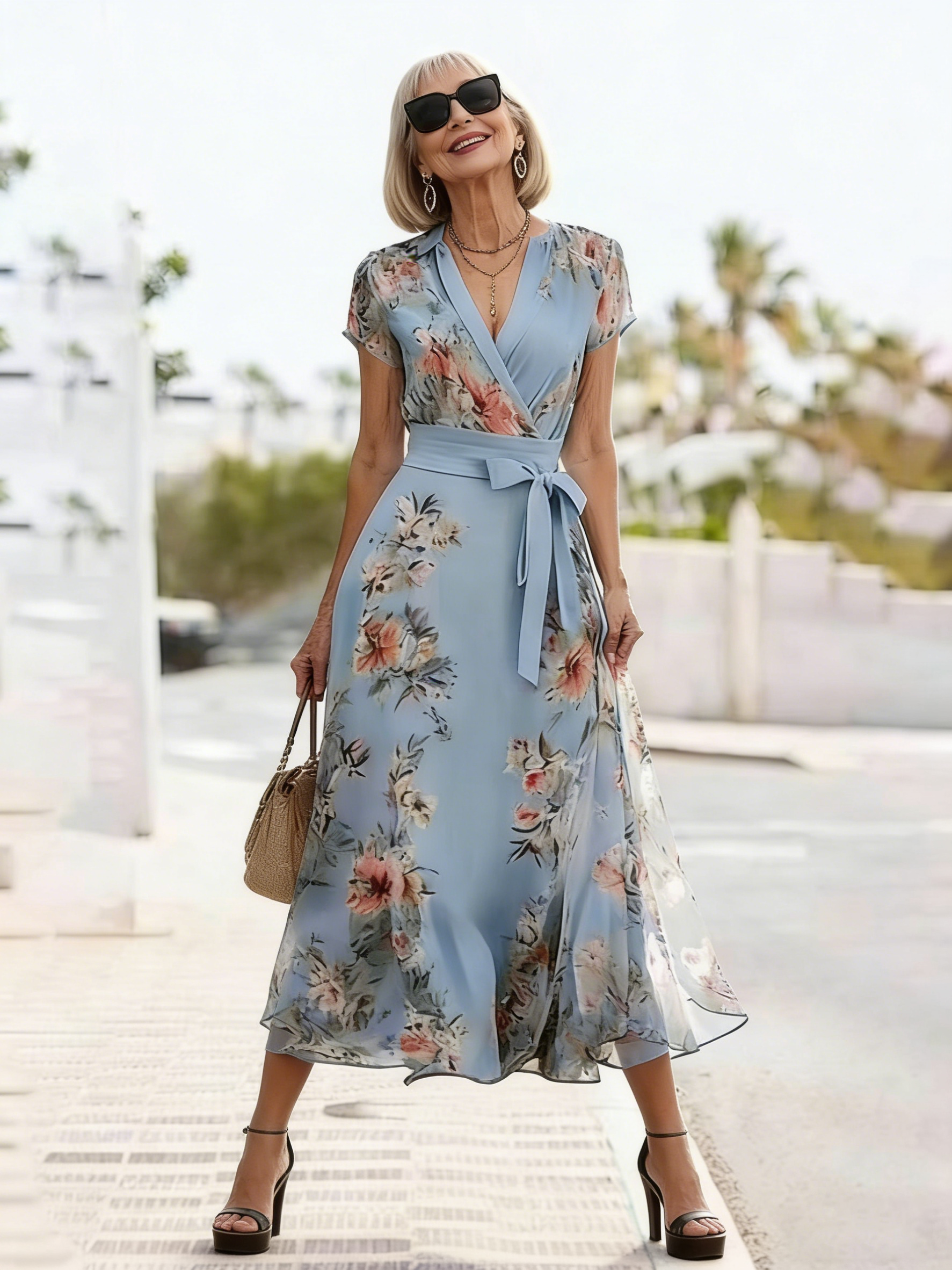 Chiffon Short-sleeved V-neck Digital Printing Thin Waist Dress