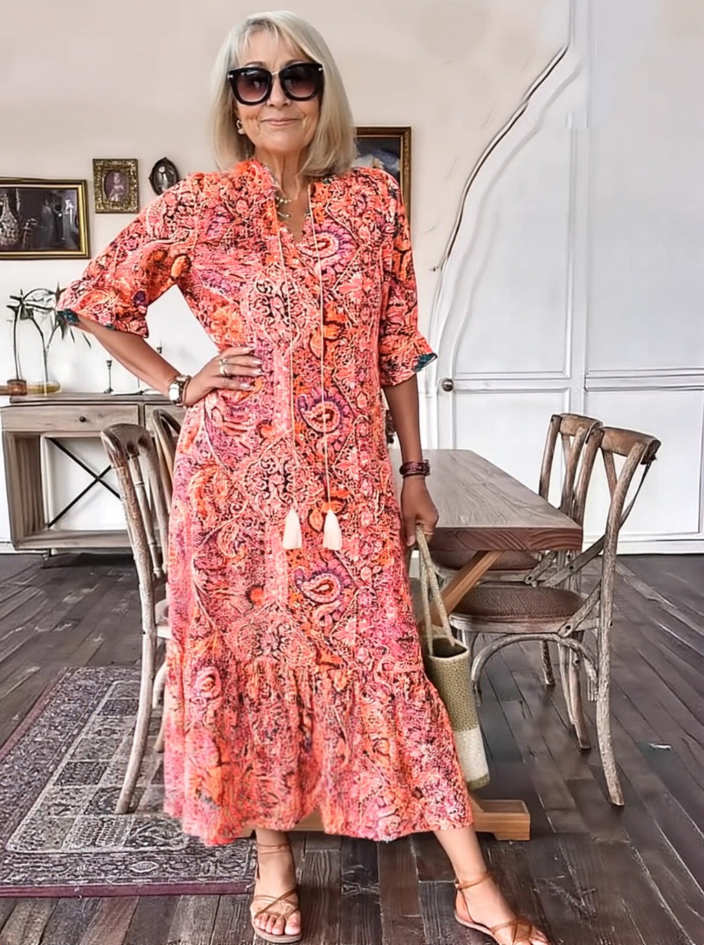 Vacation DRESS Paisley Bohemian Long Length Vintage Print Tassel Tie Neck Tunic Dress - Elegant Vacation Style with Drawstring, Ruffle Hem, and Random Printing