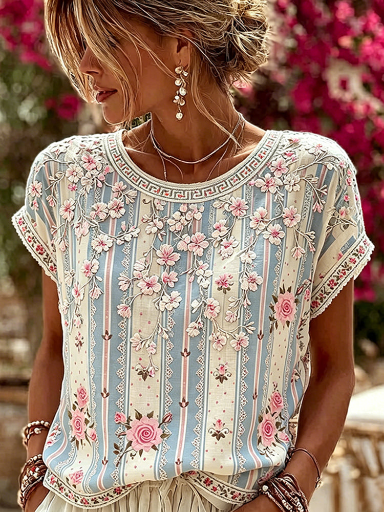 Women's Vintage Floral Vine Art Embroidery Patchwork Cotton Linen Top