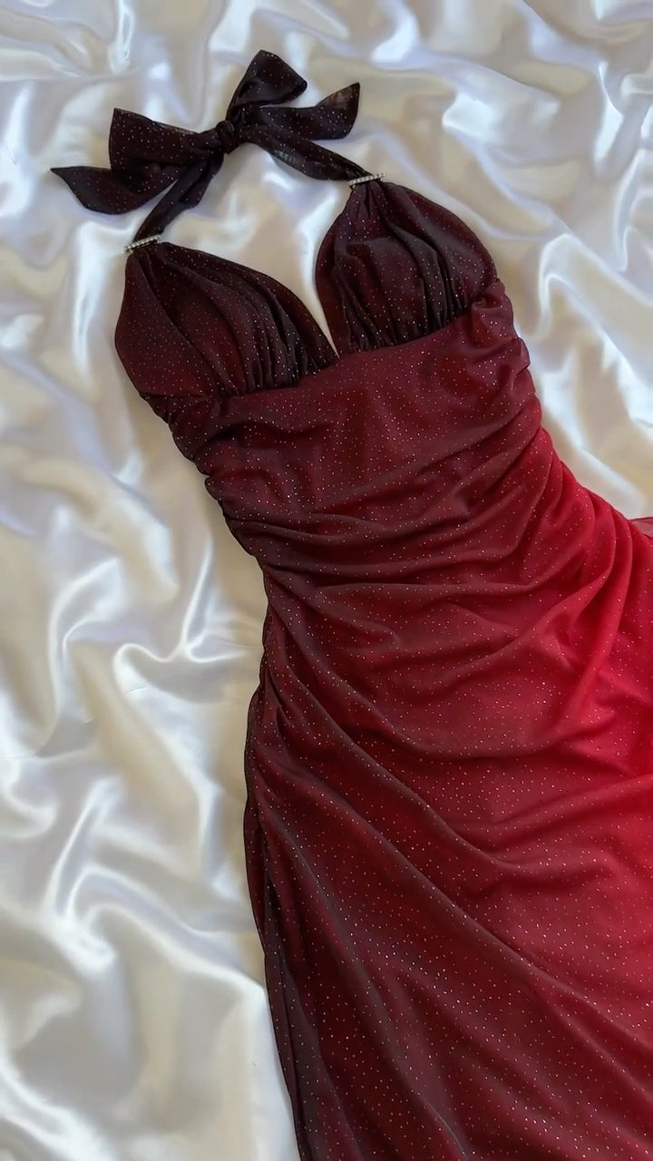 Ombre Glitter Halter Maxi Evening Dress